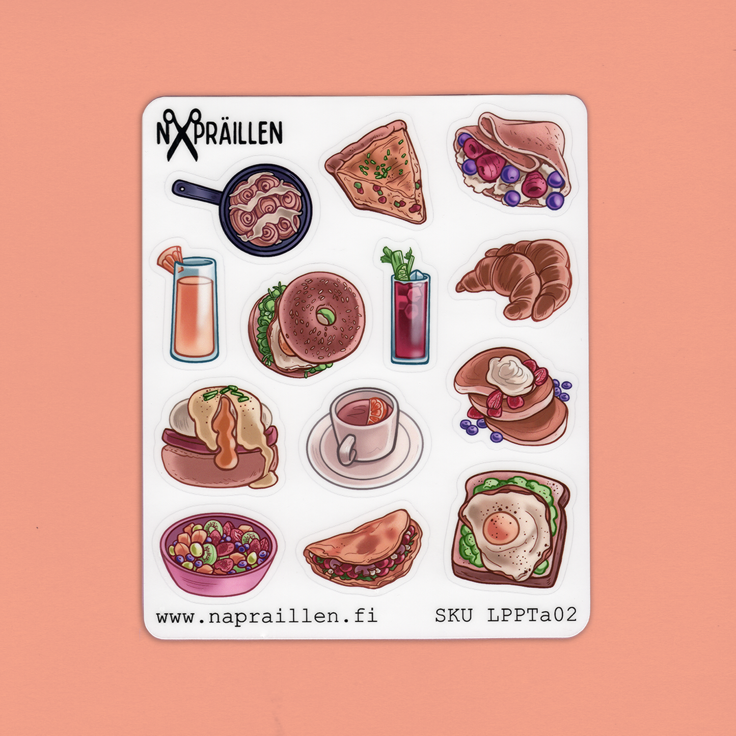 Tarra-arkki, jossa on aamupala-aiheisia tarroja. Tarrat soveltuu kalenterien koristeluun eli plannerointiin, mutta myös muuhun askarteluun.