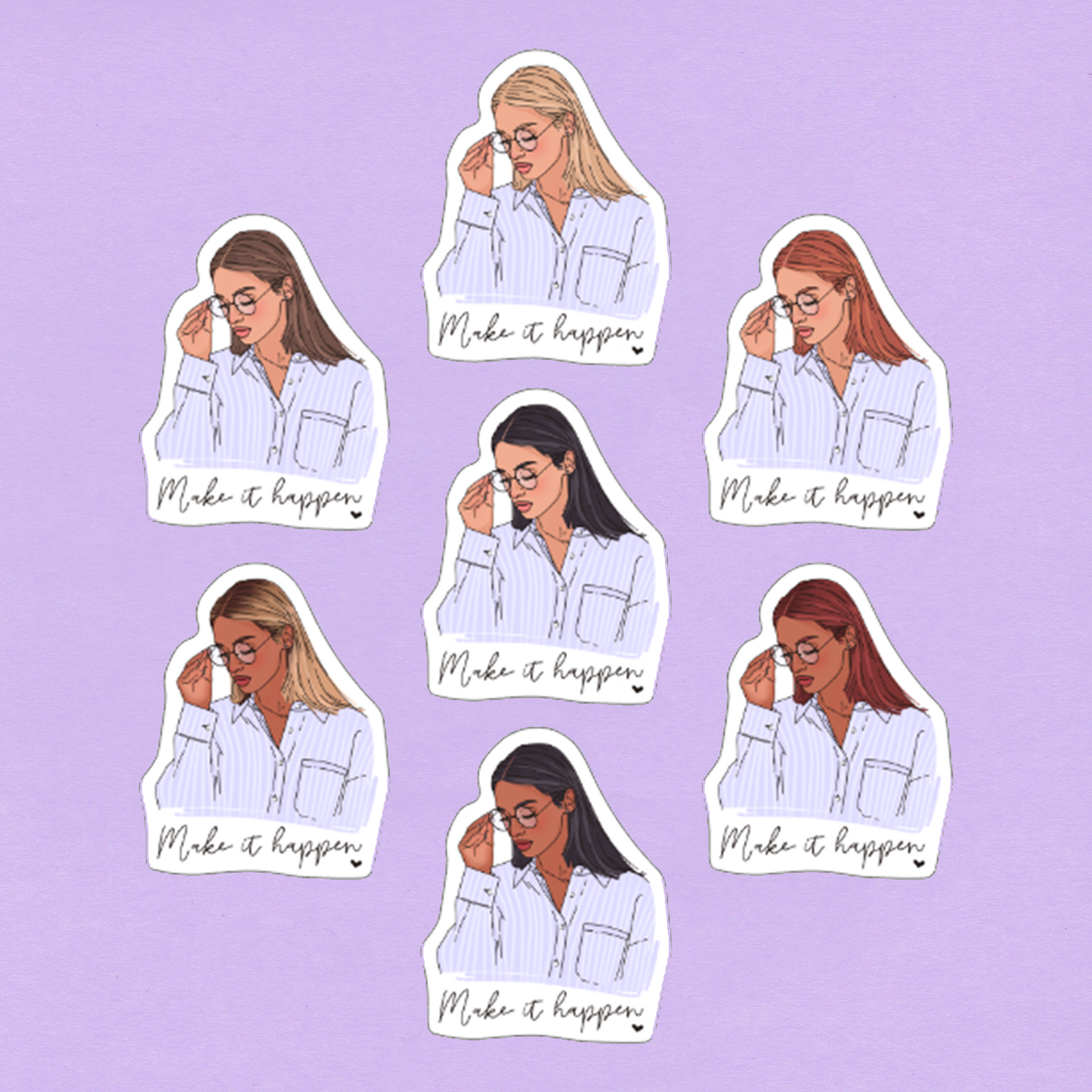 Laminoitu tarra-arkki, jossa eri ihon- ja hiustenvärisiä naishahmoja, silmälaseja pitelevä nainen ja teksti ”make it happen”, valmistettu Suomessa.