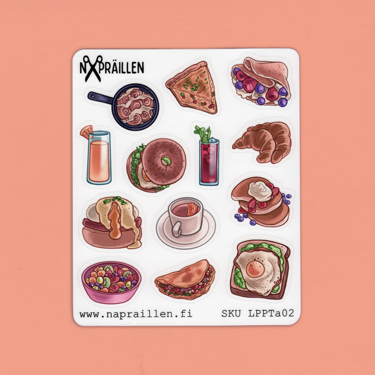 Tarra-arkki, jossa on aamupala-aiheisia tarroja. Tarrat soveltuu kalenterien koristeluun eli plannerointiin, mutta myös muuhun askarteluun.