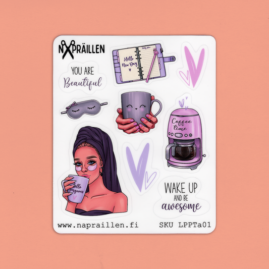 Laminoitu tarra-arkki planner girl -teemalla, kahvi- ja aamutarrat kalenterointiin violeteissa sävyissä.