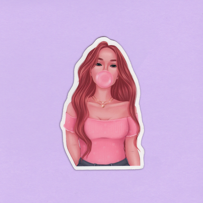 Laminoitu tarra, jossa on punahiuksinen tyttö, joka on pukeutunut vaaleanpunaisiin vaatteisiin ja puhaltaa purkkapalloa.