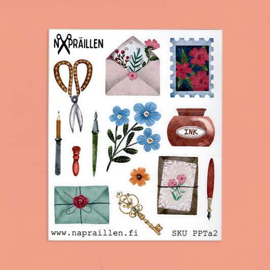 Tarra-arkki, jossa on vintage teemaisia kirjeitä, kirjeen lähettämiseen tarvittavia välineita, postimerkkejä, mustetta ja teemaan soveltuvia kukkia