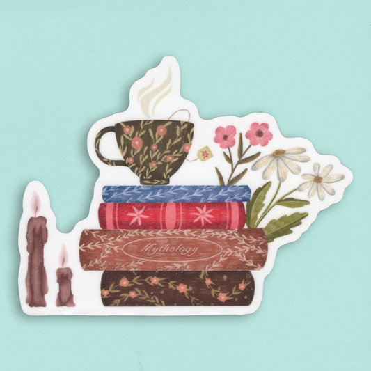 Die-Cut tarra – Teetä, Kukkia ja Mytologian kirjoja