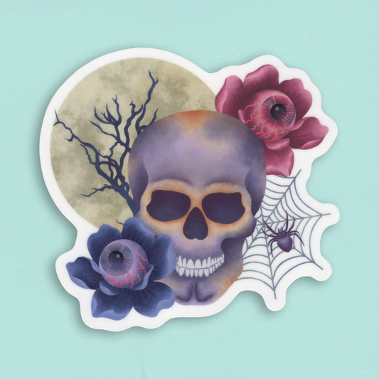 Die-Cut tarra – Pimeää kauneutta: Pääkallo ja kukkia kuunvalossa